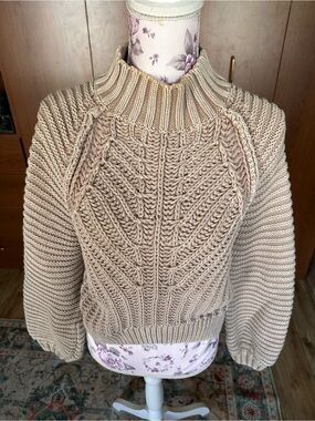 Free People Beige Cable Knit Turtleneck Sweater